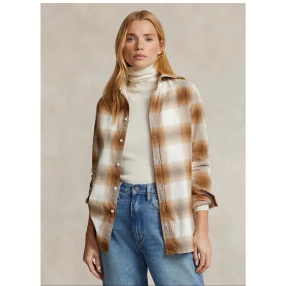 Polo Ralph Lauren Womens Plaid Neutral Flannel Button Down Shirt Medium - Picture 10 of 10